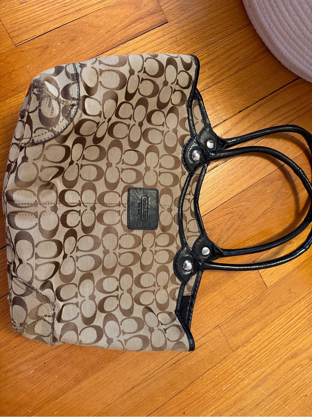 Coach Khaki and Brown Signature Canvas Tote with Black Leather Handles